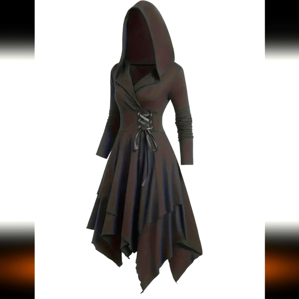 Womens large Elegant Black Hooded Dress asymmetrical,front tie